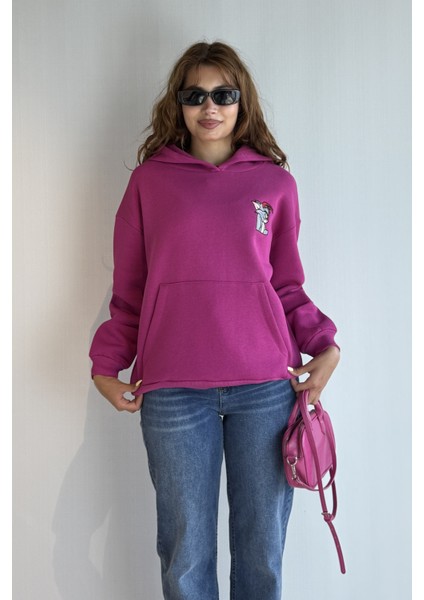 Kadın Kapüşonlu Baskı Detaylı Kanguru Cepli Oversize Sweatshirt