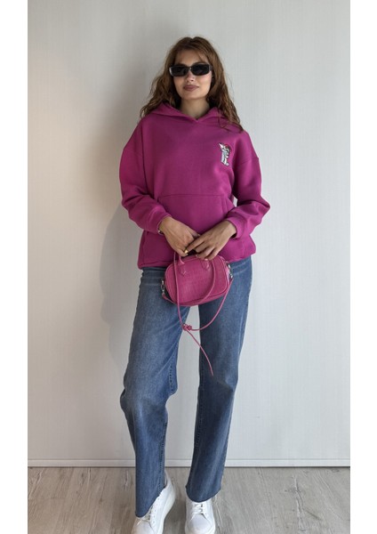 Kadın Kapüşonlu Baskı Detaylı Kanguru Cepli Oversize Sweatshirt fiyatları