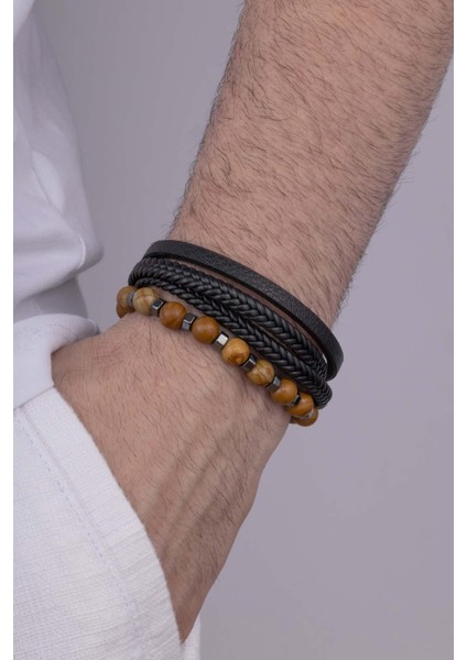 Örgü Model Deri Jasper Doğal Taş Bileklik Kombini