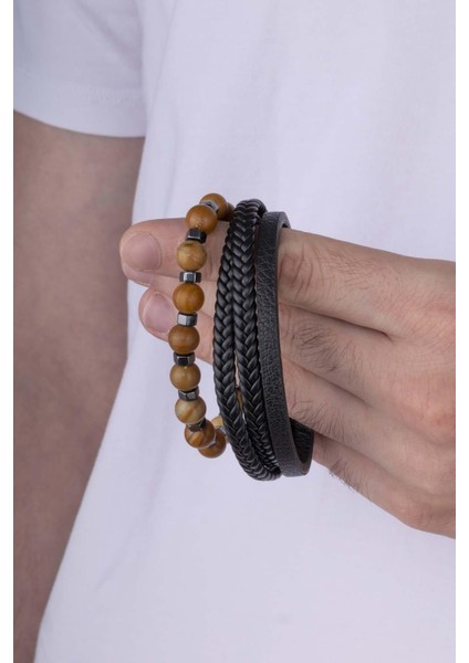 Örgü Model Deri Jasper Doğal Taş Bileklik Kombini modelleri