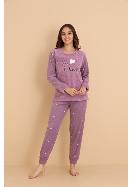 Fwn 04-3309 Peluş Welsoft Polar Kışlık Yumoş Kalpli Kedili Kadın Pijama Takımı