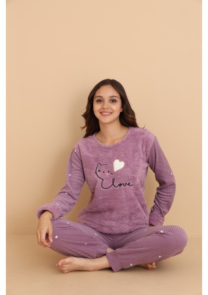 Fwn 04-3309 Peluş Welsoft Polar Kışlık Yumoş Kalpli Kedili Kadın Pijama Takımı fiyatları