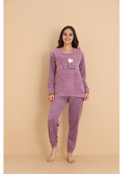Fwn 04-3309 Peluş Welsoft Polar Kışlık Yumoş Kalpli Kedili Kadın Pijama Takımı modelleri