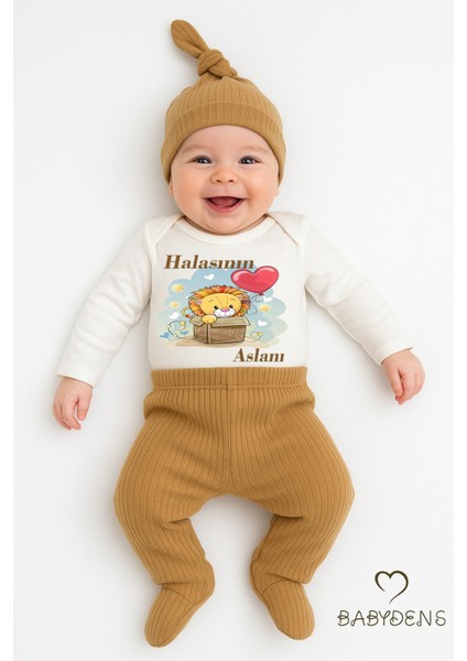 Halasının Aslanı Baskılı 3’lü Bebek Takımı Pamuklu Fitilli Kumaş Şapka,patikli Alt ,uzun Kollu Zıbın