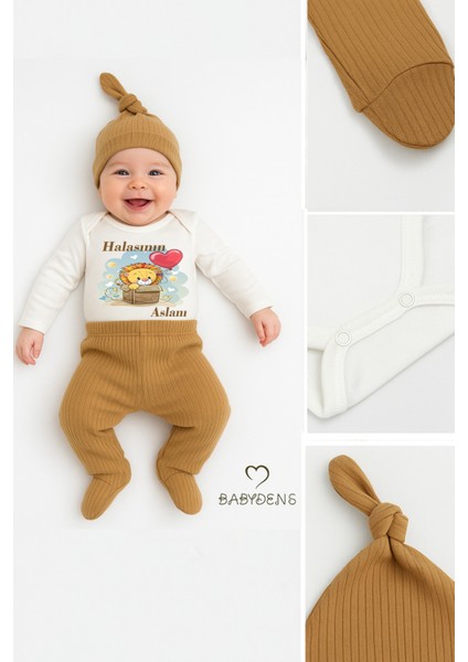 Halasının Aslanı Baskılı 3’lü Bebek Takımı Pamuklu Fitilli Kumaş Şapka,patikli Alt ,uzun Kollu Zıbın fiyatları