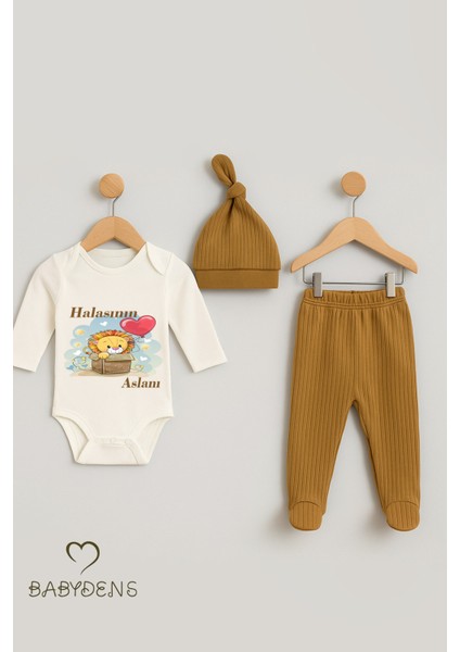 Halasının Aslanı Baskılı 3’lü Bebek Takımı Pamuklu Fitilli Kumaş Şapka,patikli Alt ,uzun Kollu Zıbın modelleri