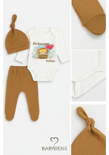 Halasının Aslanı Baskılı 3’lü Bebek Takımı Pamuklu Fitilli Kumaş Şapka,patikli Alt ,uzun Kollu Zıbın fırsatları