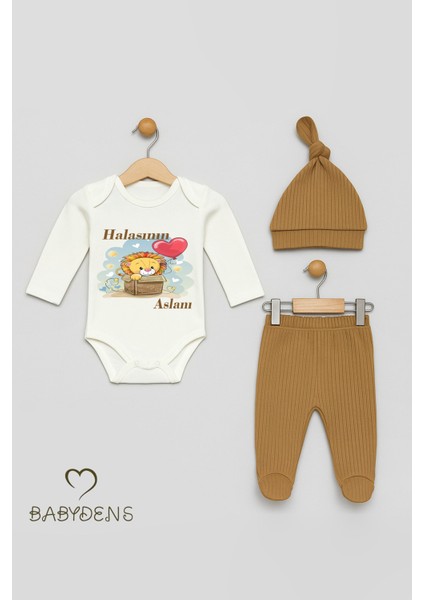 Halasının Aslanı Baskılı 3’lü Bebek Takımı Pamuklu Fitilli Kumaş Şapka,patikli Alt ,uzun Kollu Zıbın indirimleri
