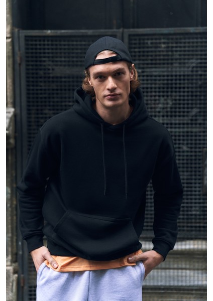 Erkek Oversize Kapüşonlu Sweatshirt Siyah