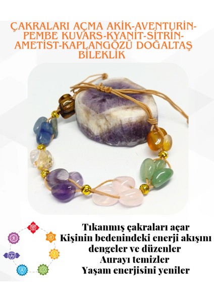 Çakra Doğaltaş Akik-Aventurin-Pembe Kuvars-Kyanit-Sitrin-Ametist-Kaplangözü Bileklik Marron Doğaltaş