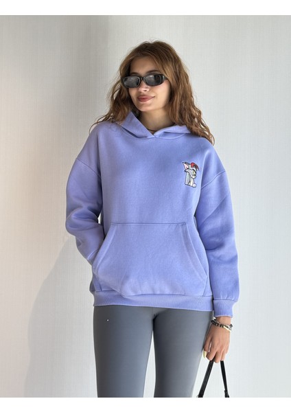 Kadın Kapüşonlu Baskı Detaylı Kanguru Cepli Oversize Sweatshirt