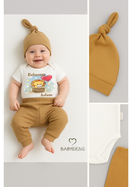 Babasının Aslanı Yazılı 3’lü Bebek Takımı Çıtçıtlı Zıbın, Fitilli Ribana Pantolon ve Şapka %100PAMUK fiyatları
