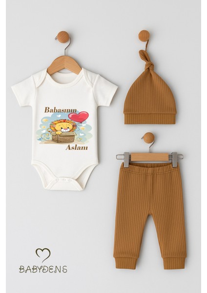 Babasının Aslanı Yazılı 3’lü Bebek Takımı Çıtçıtlı Zıbın, Fitilli Ribana Pantolon ve Şapka %100PAMUK modelleri