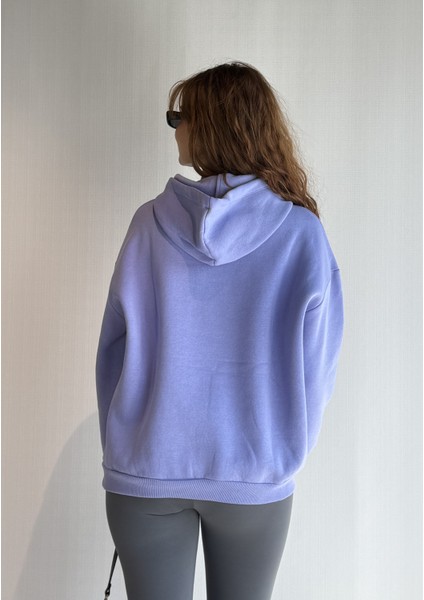 Kadın Kapüşonlu Baskı Detaylı Kanguru Cepli Oversize Sweatshirt