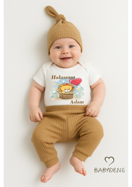 Halasının Aslanı Yazılı 3'lü Bebek Takımı - Çıtçıtlı Body, Şapka ve Ribana Pantolon %100 Pamuk Set