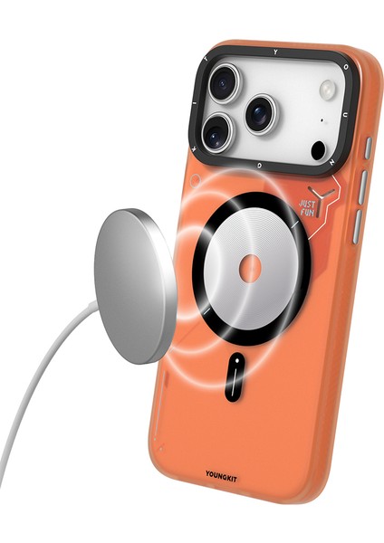 iPhone 17 Pro Uyumlu Kılıf M-Safe Şarj Özellikli Disk Desenli Youngkit Disc Battle Kapak Turuncu modelleri