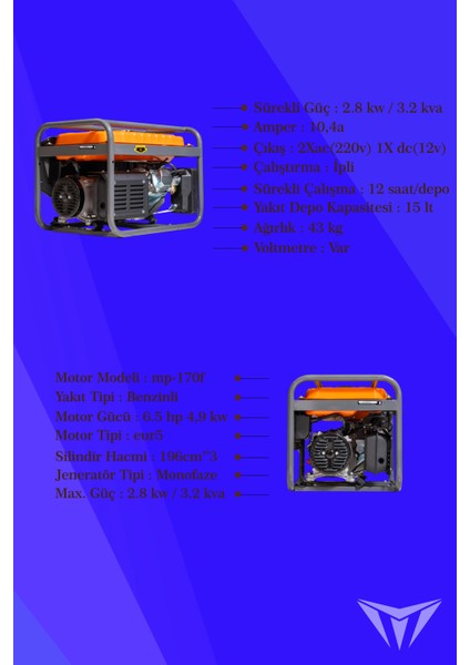 Power Benzinli Jeneratör MPJ-4000 fiyatları