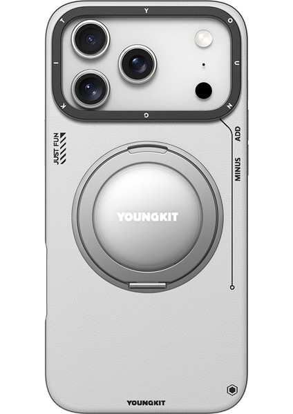 iPhone 17 Pro Kılıf M-Safe 360 Standlı Basit Mat Deri Desenli Youngkit Tech Leather Serisi Kapak Gri