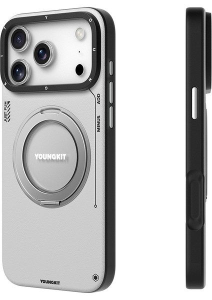 iPhone 17 Pro Kılıf M-Safe 360 Standlı Basit Mat Deri Desenli Youngkit Tech Leather Serisi Kapak Gri modelleri