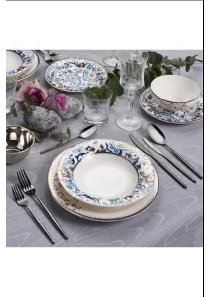 Dream 6 Kişilik 24 Parça Desenli Yemek Takımı Mavi Fine Bone Malzemeden