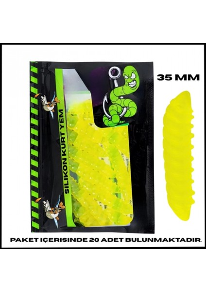 Uyguna-Yakala 35MM - 20 Adet fluo Yeşil Sarımsak Kokulu silikon Kurt Yem - Uv - Alabalık YEMI-1071-FG-G