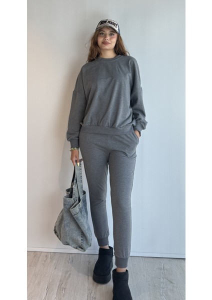 Kadın Bisiklet Yaka Uzun Kollu Bel Lastikli Oversize Eşofman Takımı