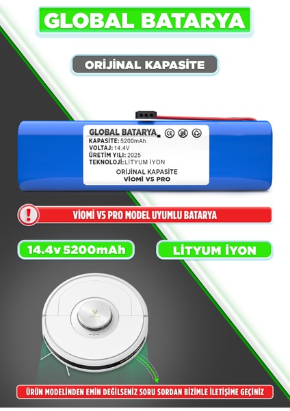 Viomi V5 Pro Uyumlu Robot Süpürge Bataryası 14.4V 5200MAH Li-Ion Pil (Orijinal Kapasite)