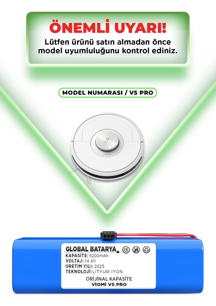 Viomi V5 Pro Uyumlu Robot Süpürge Bataryası 14.4V 5200MAH Li-Ion Pil (Orijinal Kapasite) indirimleri