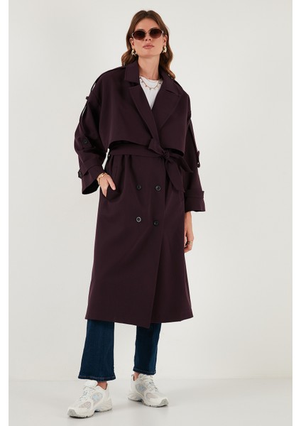 Oversize Fit Kruvaze Yaka Düğmeli Kemerli Uzun Trençkot Bayan Trençkot 6839476 modelleri