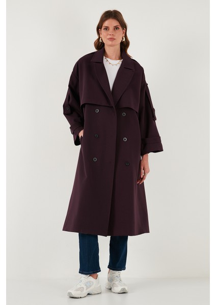 Oversize Fit Kruvaze Yaka Düğmeli Kemerli Uzun Trençkot Bayan Trençkot 6839476 indirimleri