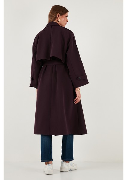 Oversize Fit Kruvaze Yaka Düğmeli Kemerli Uzun Trençkot Bayan Trençkot 6839476