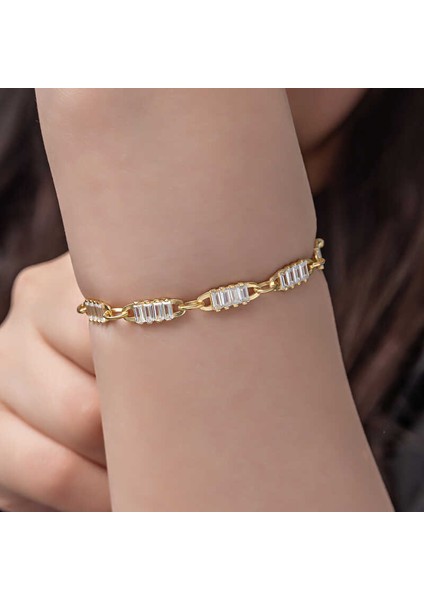 925 Ayar Gümüş Gold Baget Taşlı Kadın Bileklik modelleri