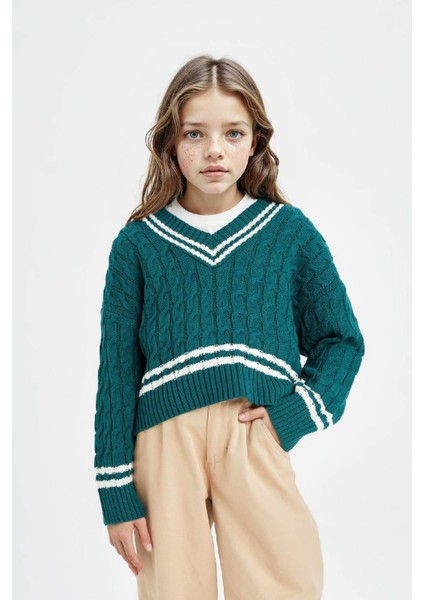 Kız Çocuk V Yaka Saç Örgülü Triko Kazak D6760A8NS