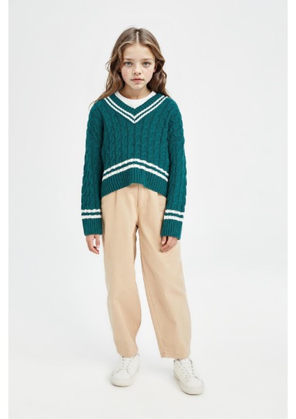 Kız Çocuk V Yaka Saç Örgülü Triko Kazak D6760A8NS fiyatları