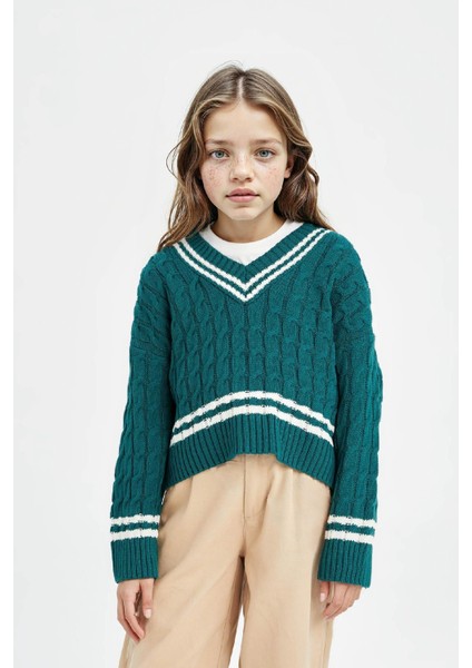 Kız Çocuk V Yaka Saç Örgülü Triko Kazak D6760A8NS modelleri