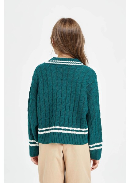 Kız Çocuk V Yaka Saç Örgülü Triko Kazak D6760A8NS fırsatları