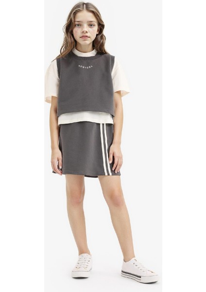 Kız Çocuk 3'lü Takım Kısa Kollu Tişört Baskılı Kolsuz Üst Beli Lastikli Etek E1867A825SM