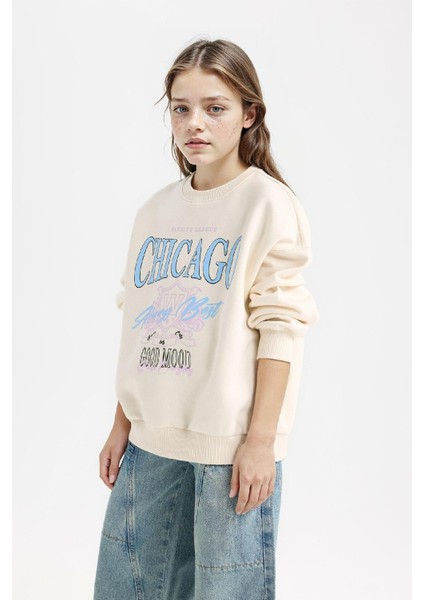 Kız Çocuk Relax Fit Bisiklet Yaka Baskılı Sweatshirt D7046A824WN