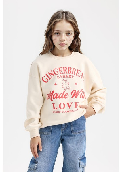 Kız Çocuk Relax Fit Bisiklet Yaka Baskılı Sweatshirt D7058A824WN