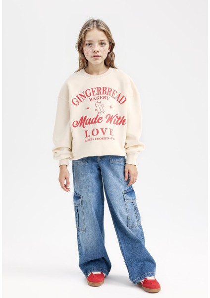 Kız Çocuk Relax Fit Bisiklet Yaka Baskılı Sweatshirt D7058A824WN fiyatları