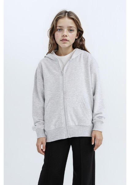 Kız Çocuk Oversize Geniş Kalıp Kapüşonlu Basic Düz Fermuarlı Sweatshirt D8214A8NS