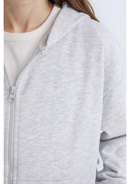 Kız Çocuk Oversize Geniş Kalıp Kapüşonlu Basic Düz Fermuarlı Sweatshirt D8214A8NS fırsatları