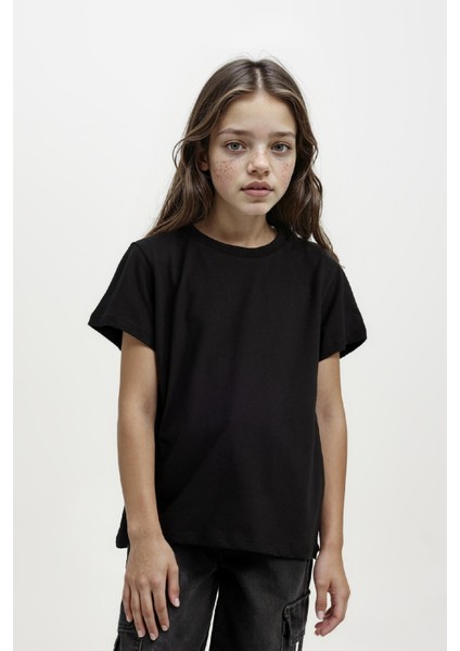 Kız Çocuk Bisiklet Yaka Basic Düz Kısa Kollu Tişört D8506A8NS modelleri