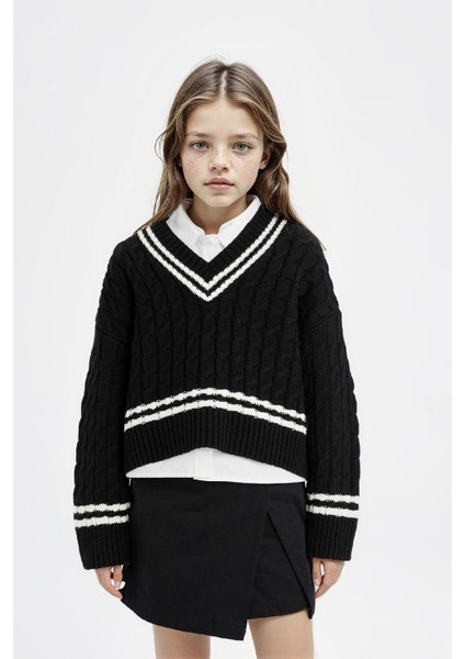 Kız Çocuk V Yaka Saç Örgülü Triko Kazak D8557A8NS