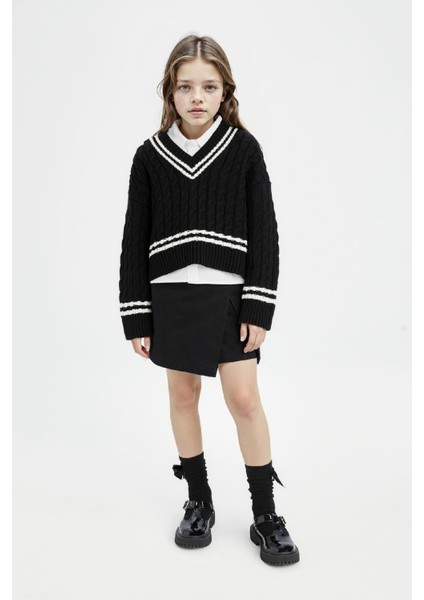 Kız Çocuk V Yaka Saç Örgülü Triko Kazak D8557A8NS fiyatları