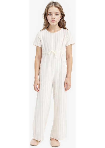 Kız Çocuk Kısa Kollu Çizgili Viskon Tulum F5783A825SM