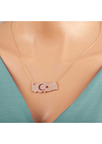 925 Ayar Gümüş Rose Ay Yıldız Türkiye Haritası Kadın Kolye fiyatları