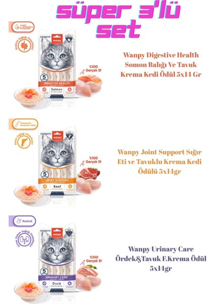 Wanpy Süper Set 3'Lü 15 Tüp Somon-Ördek-Sığır Eti. Kedi Ödül Mama