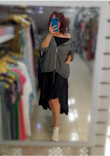 Italyan Haki Renk File Detalı Ceket