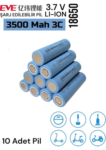 Eve 18650 3.7V (Volt) 3500 Mah 3c 35V Lityum Şarj Edilebilir 10 Adet Pil(Batarya) fiyatları